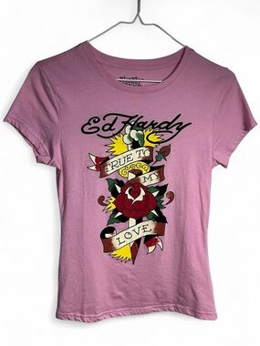 Ed Hardy Graphic Pink Tee “True To My Love” Size M